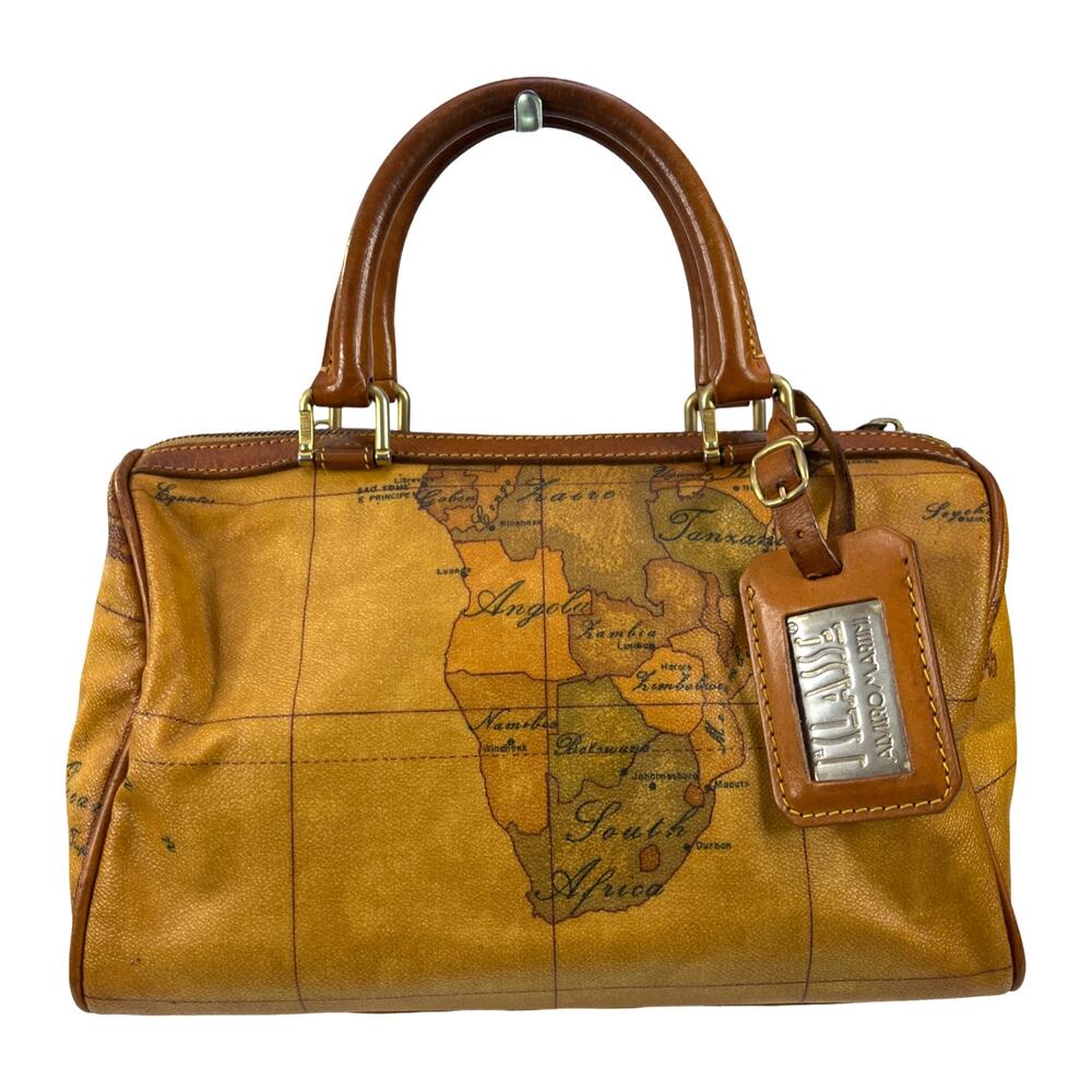 Alviero Martini Tan & Brown Geo Map Leather Top-Handle Bag